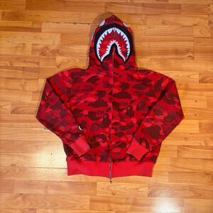 BAPE Red Shark Hoodie Full Zip Bathing Ape WGM Camo Streetwear Hype Beast Aape